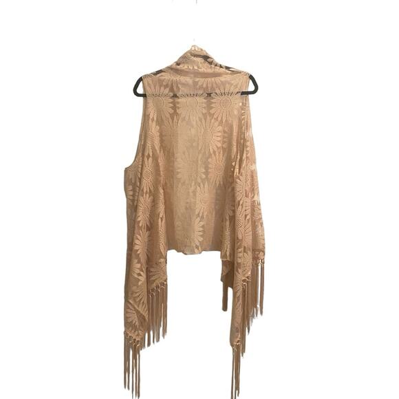 Mesh Floral Long Vest Sz M/L Fringe Hem Duster Boho Western Cowgirl Festival - Picture 2 of 7